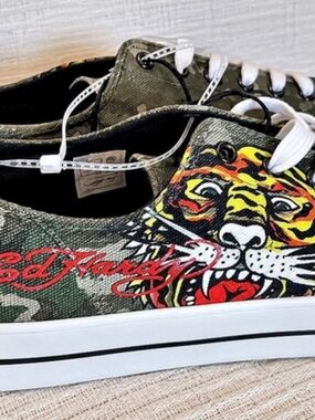 Ed Hardy Tiger Camo Sneakers Size 9.5 Y2K Tattoo Canvas Low Top Shoes NEW